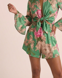 SPODENKI SATIN MANILA GREEN FLORAL 